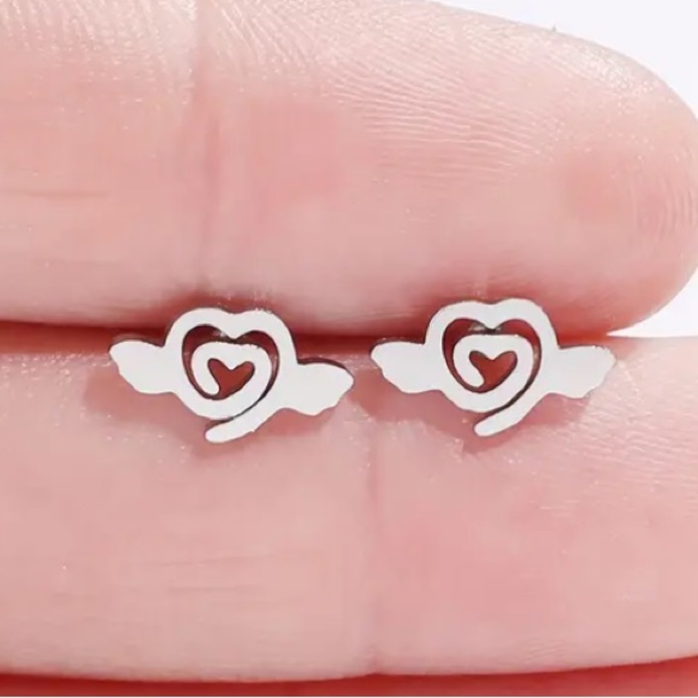 Swirl Heart with Wings Silver Toned Stud Earrings
